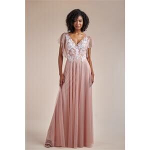 2719 NWT JASMINE L224055 Soft Tulle Vneck Long Bridesmaid Dress w/Lace Appliqués